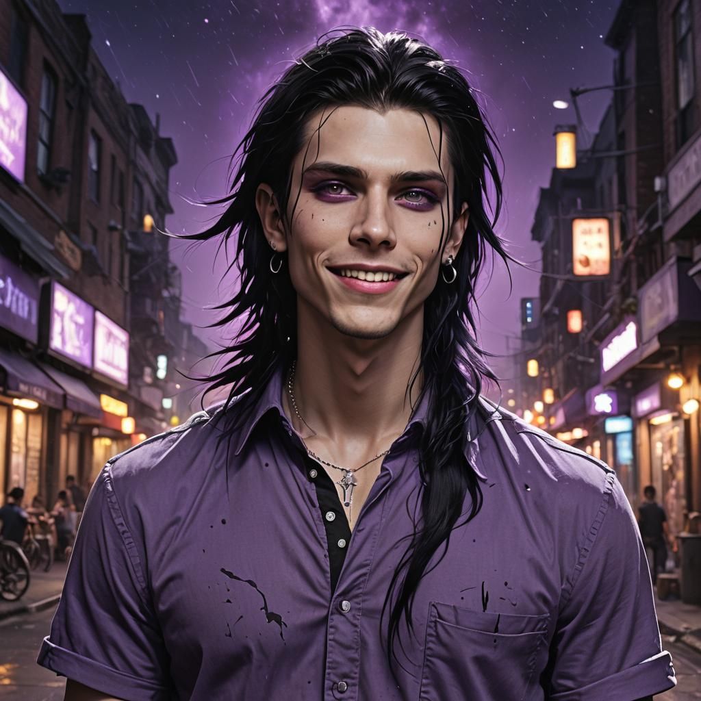Hyperrealistic Portrait of Smiling Man with Purple Eyes