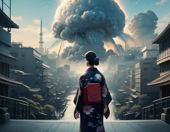 Makoto Shinkai-Inspired Anime Girl in Monochromatic Cityscap...