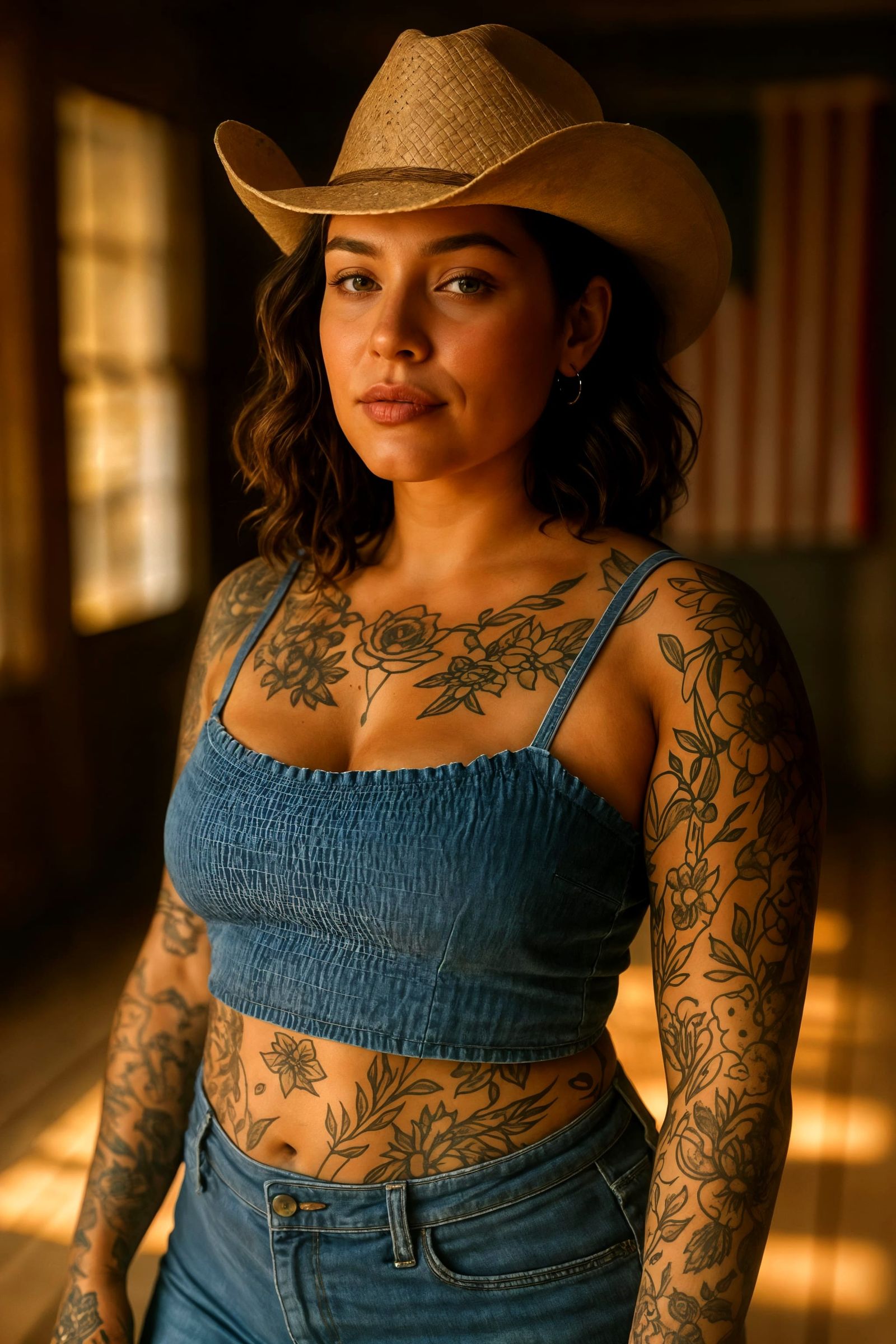 Sun-Drenched Portrait of Confident Woman with Tattoos