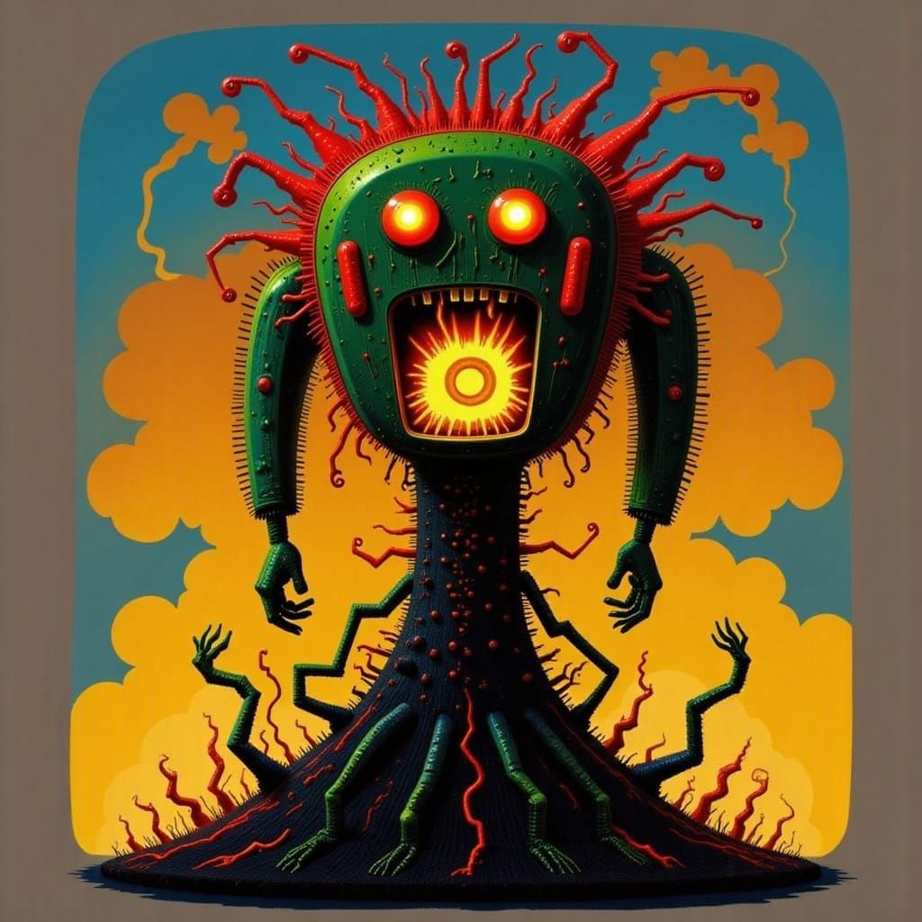 Cyberpunk Android Fights a Glowing Picklecore Enemy