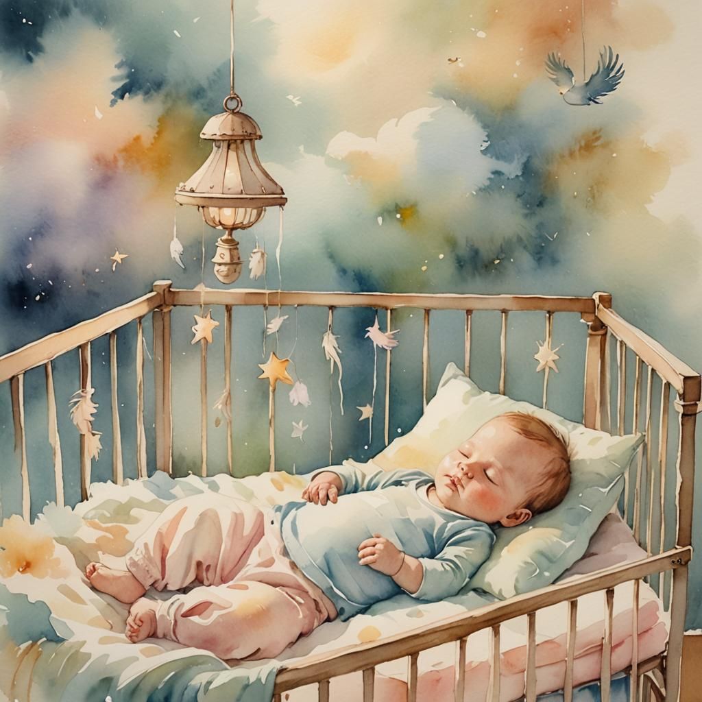 Baby Asleep in Crib: Soft Watercolor Nursery Scene