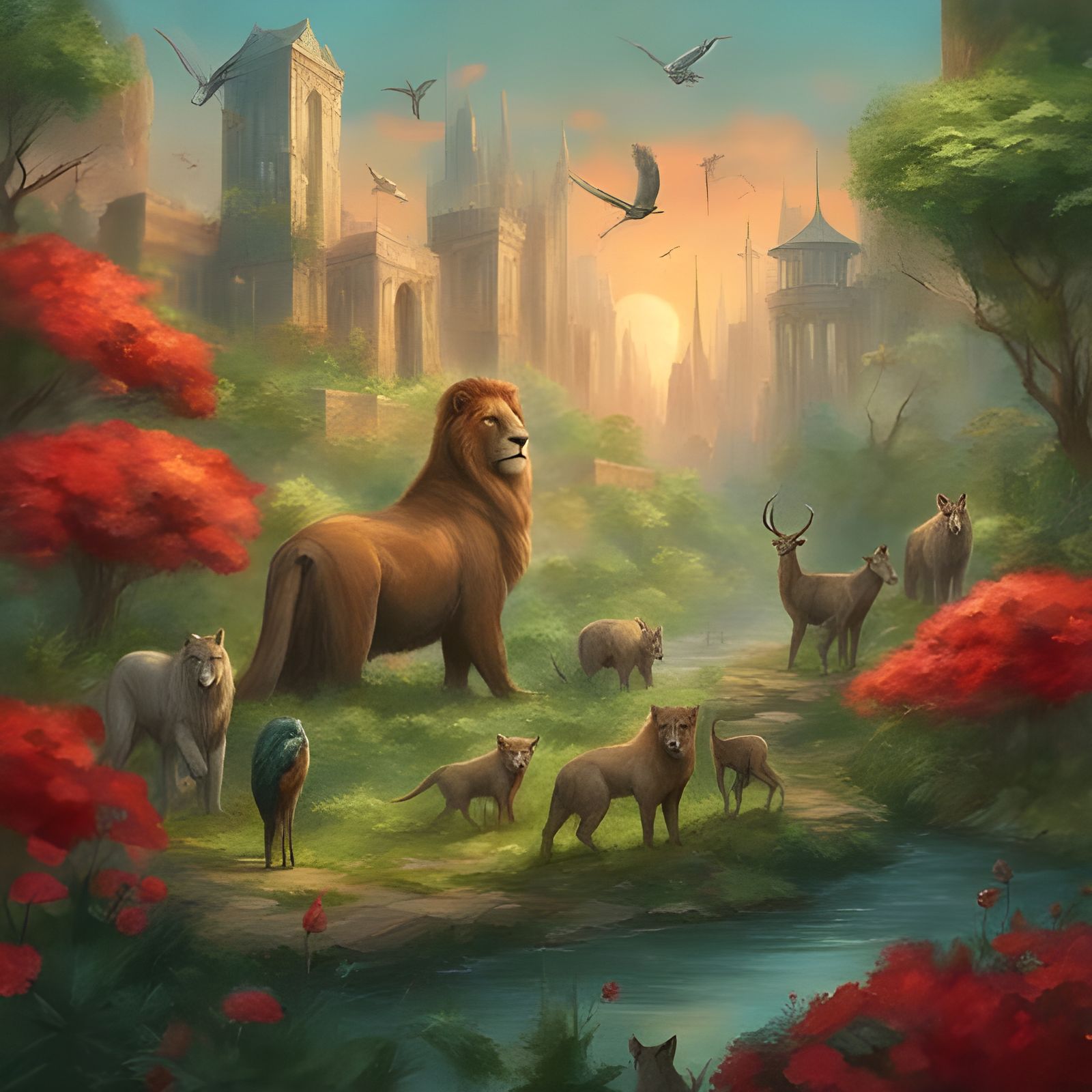 Post-Apocalyptic Zoo in a Flower-Covered City