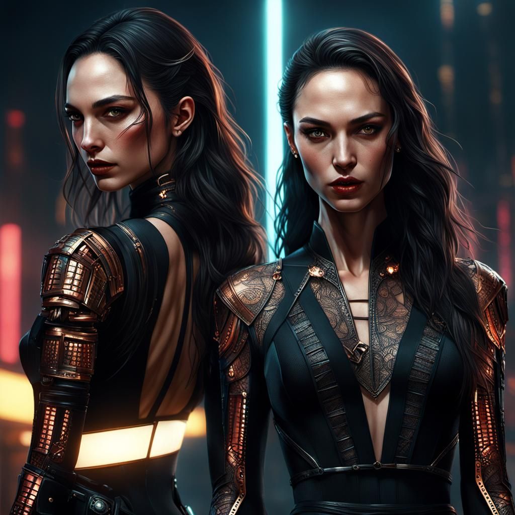 Cyberpunk Girl with Copper Accents in Neon Cityscape