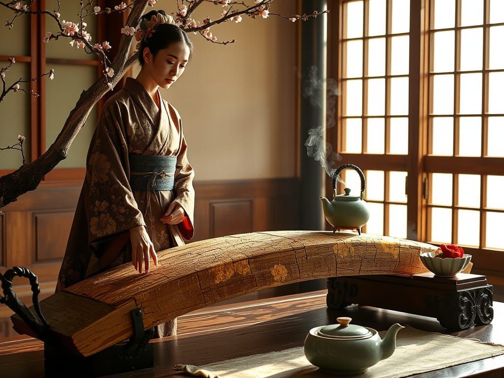 Ancient Japanese Woman in Serene Kintsugi Bridge Setting