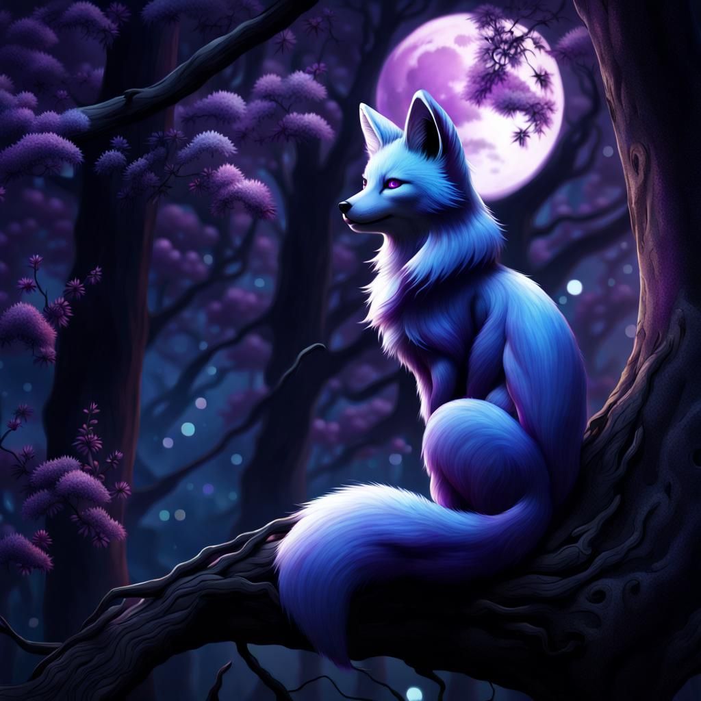 Cute Kitsune in Gloomy Forest, Fantasy Matte Painting