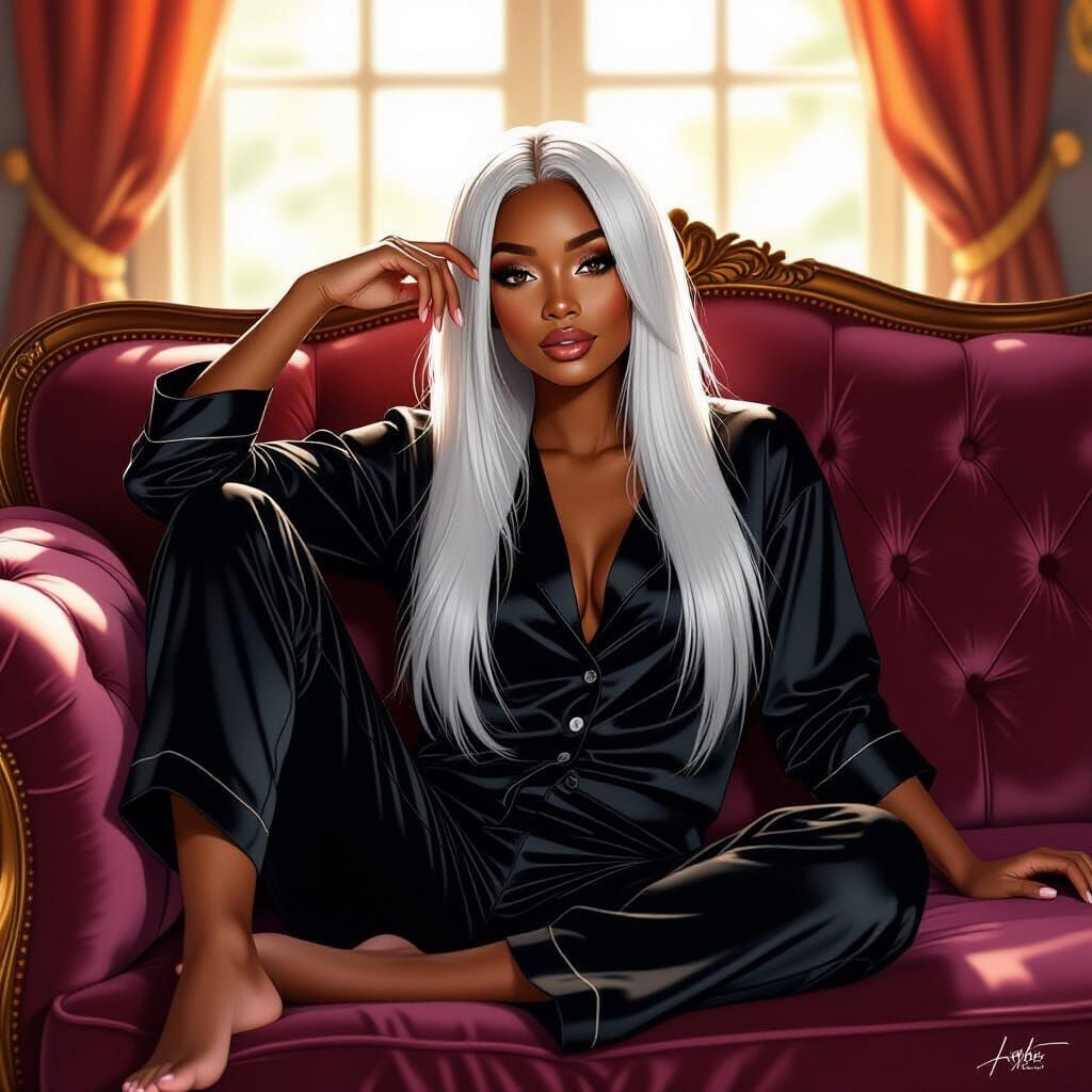 Beautiful African Woman in Thought on Velvet Couch