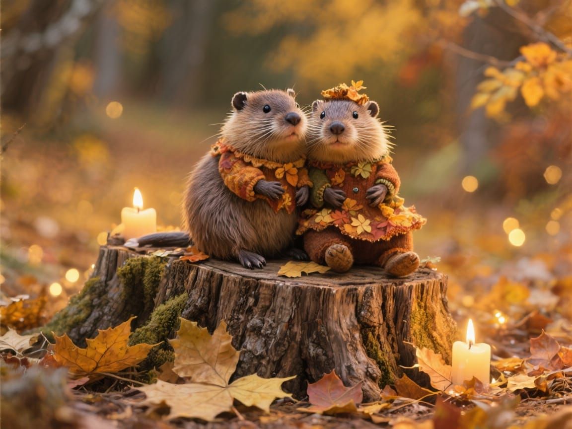 Muskrat Couple Embrace Autumn in Hyperrealist Style