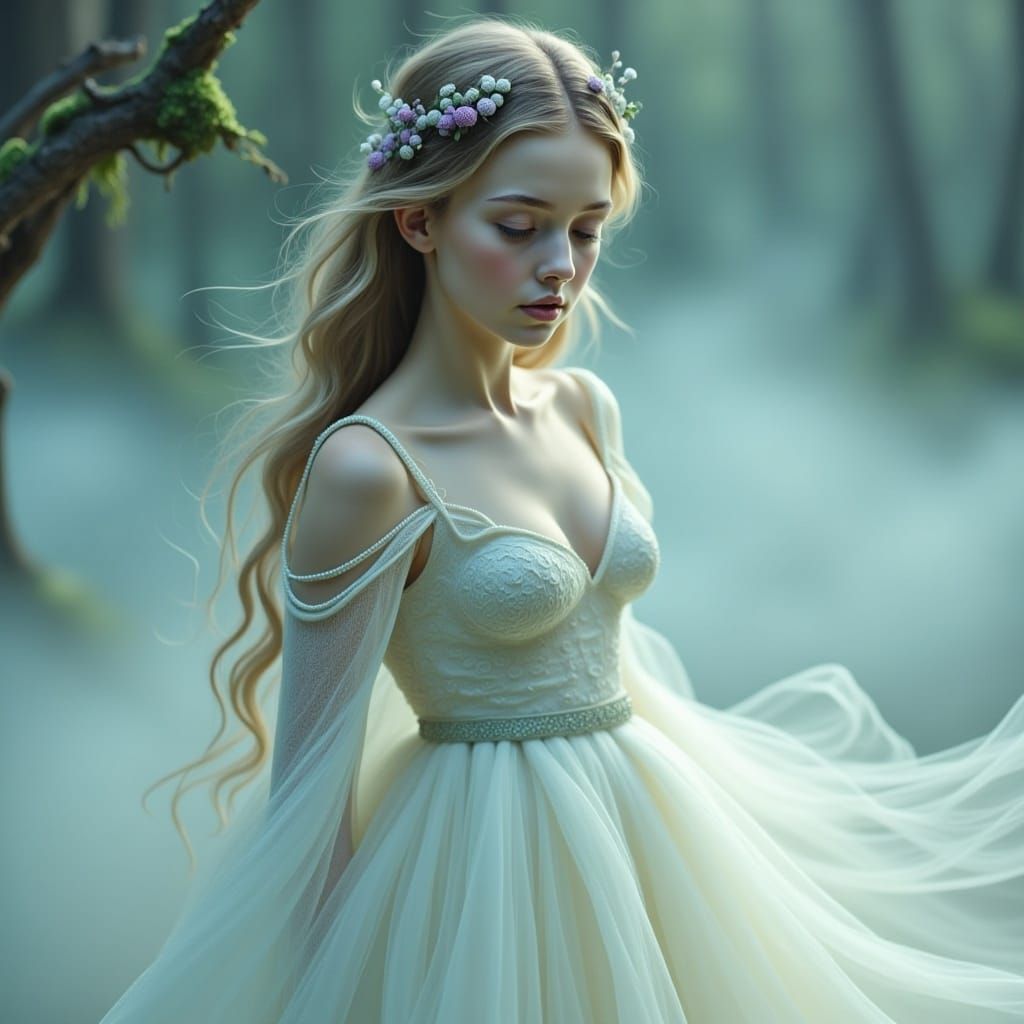 Ethereal Woman in Mystical Forest Illustration