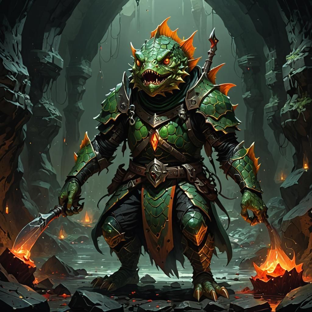 Fish-like DnD Cleric in Dark Cave