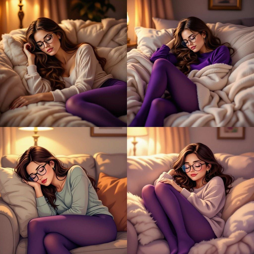 Woman with Purple Tights Sleeping on Couch