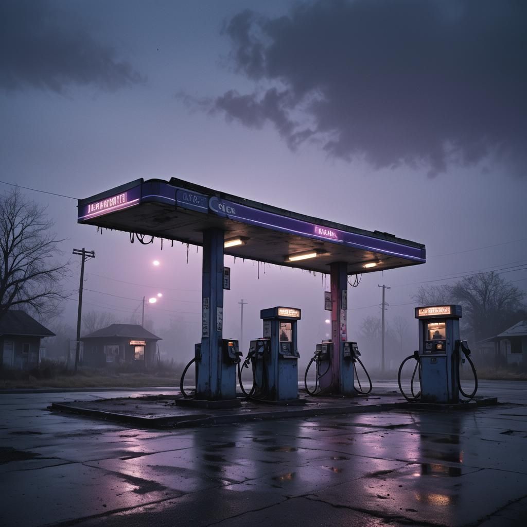Abandoned Gas Station in Dark Surrealism Style