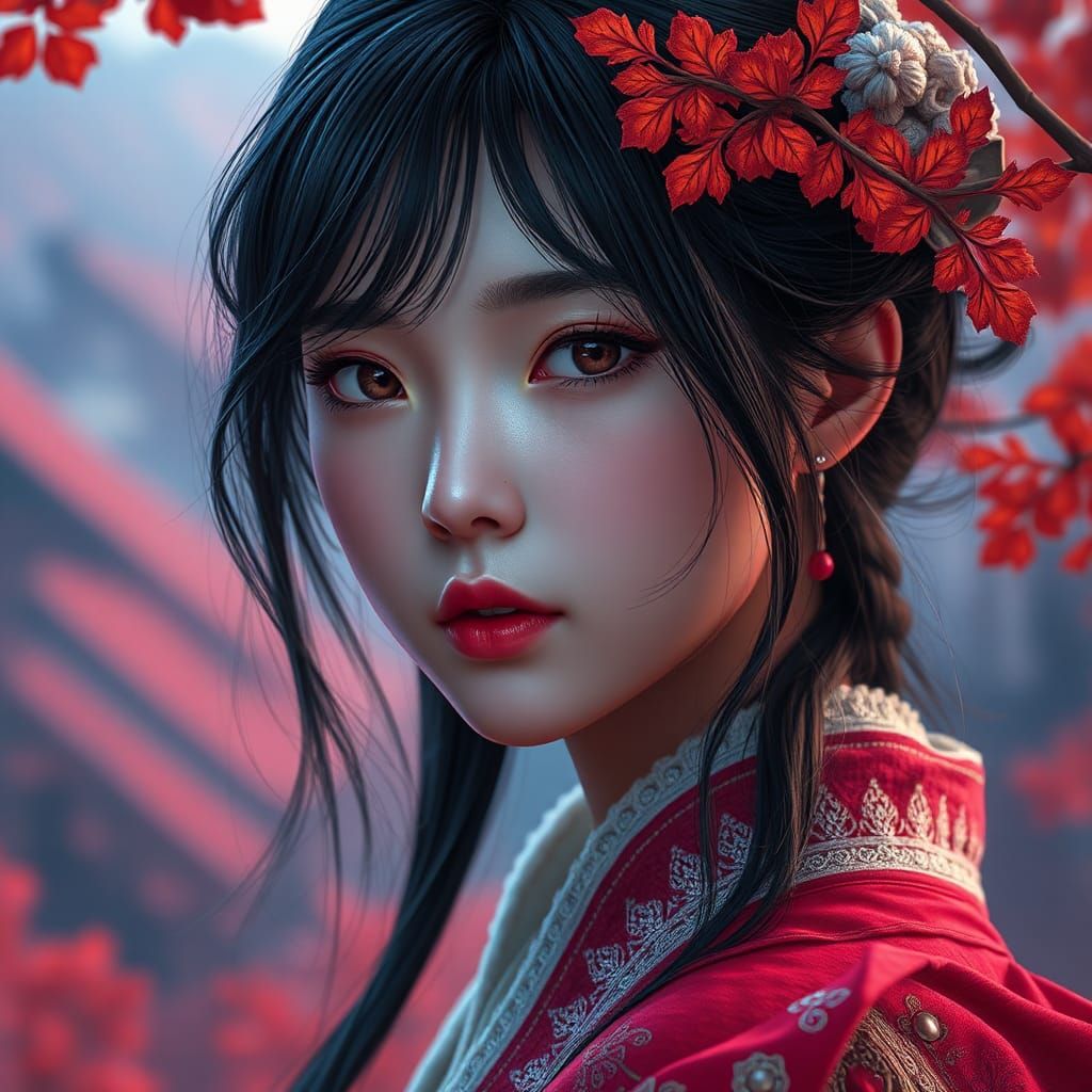 Korean Girl Portrait in Autumn Valley: Fantasy Concept Art