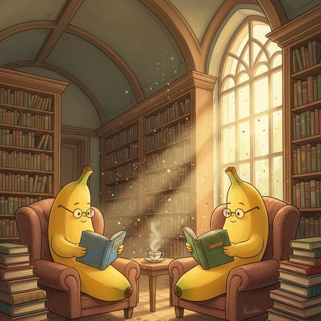 Bananas Reading Books in a Grand Library