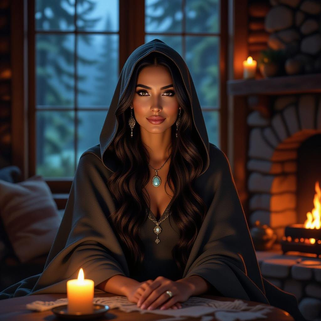 Mystical Indian Woman in Forest Cottage, Ethereal Art