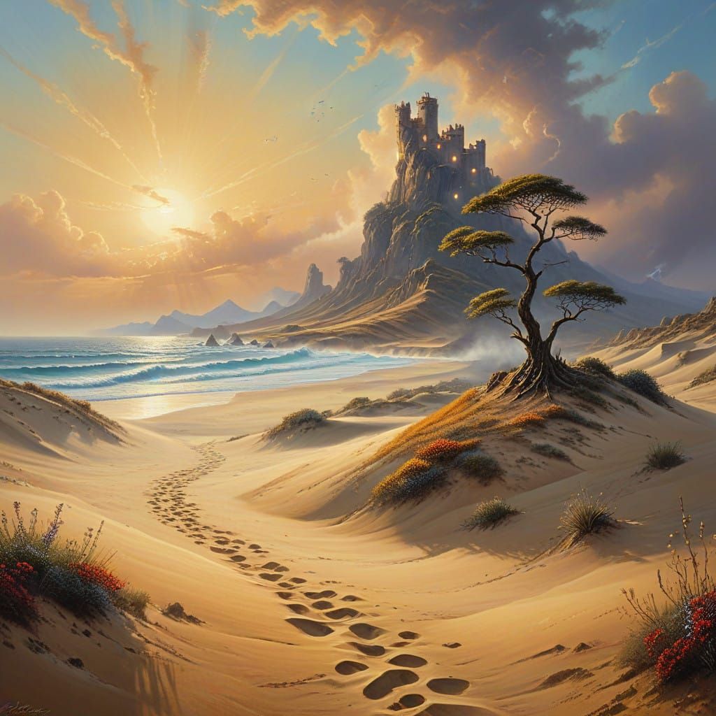 A windswept desert of golden sand dunes. The horizon shimmers with the heat of the sun, and the scent of ocean breeze mi...