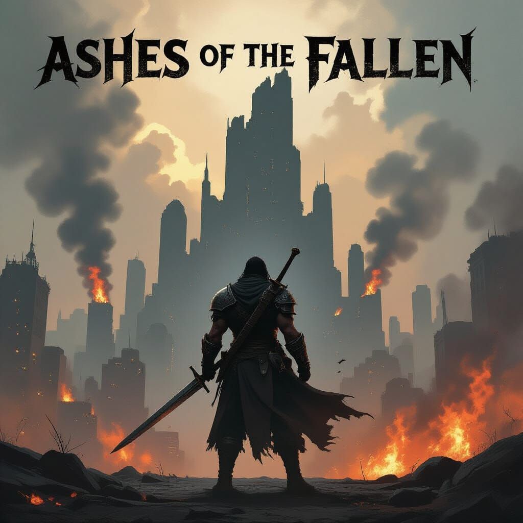 Warrior in Burning City, Dark Fantasy Art