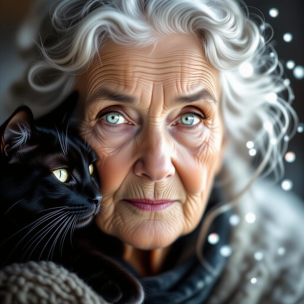 Old Woman with Cat and Light Ray, 8k Portrait
