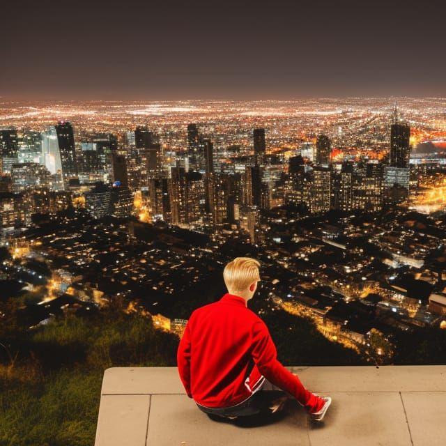 Night City View with Man in Letterman Jacket