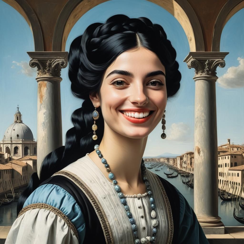 Smiling Italian Woman: Surrealist Art in Canaletto Style