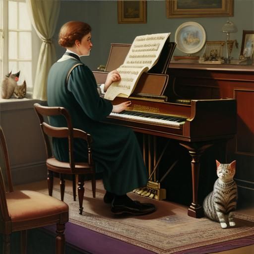 Edwardian Cat Plays Harpsichord: Oil Painting