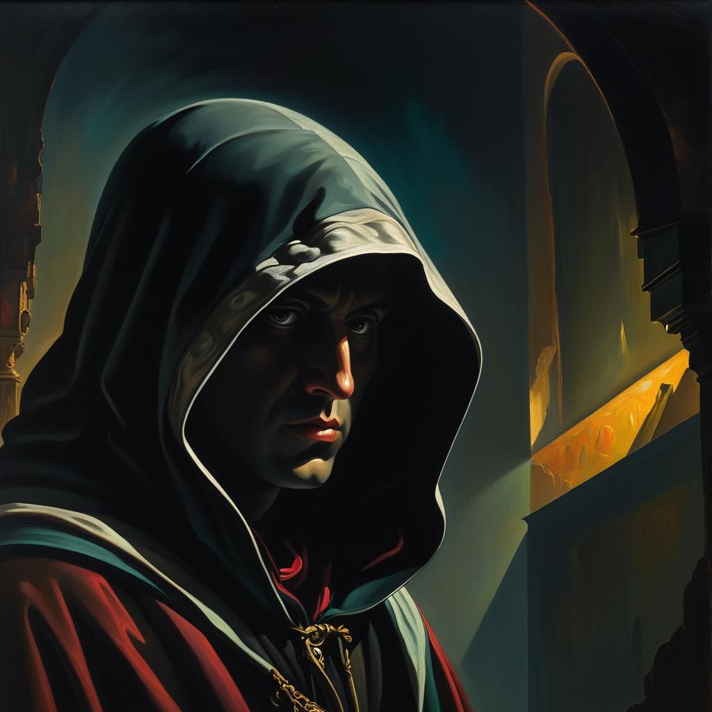 Hooded Figure in Shadows: Surrealist Oil Painting