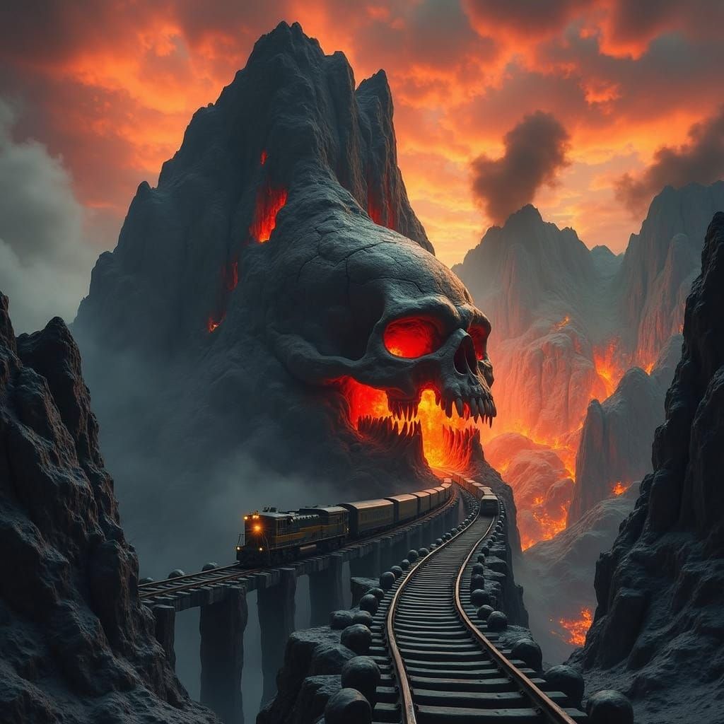 Burning Underworld Landscape with Skull Rock and Train