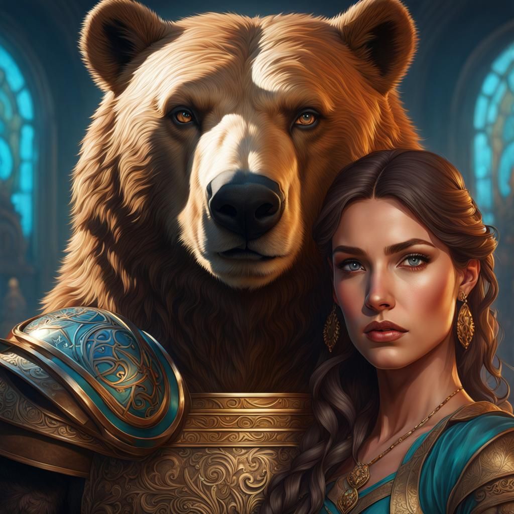 Art Nouveau Portrait: Woman and Bear Fantasy Warrior