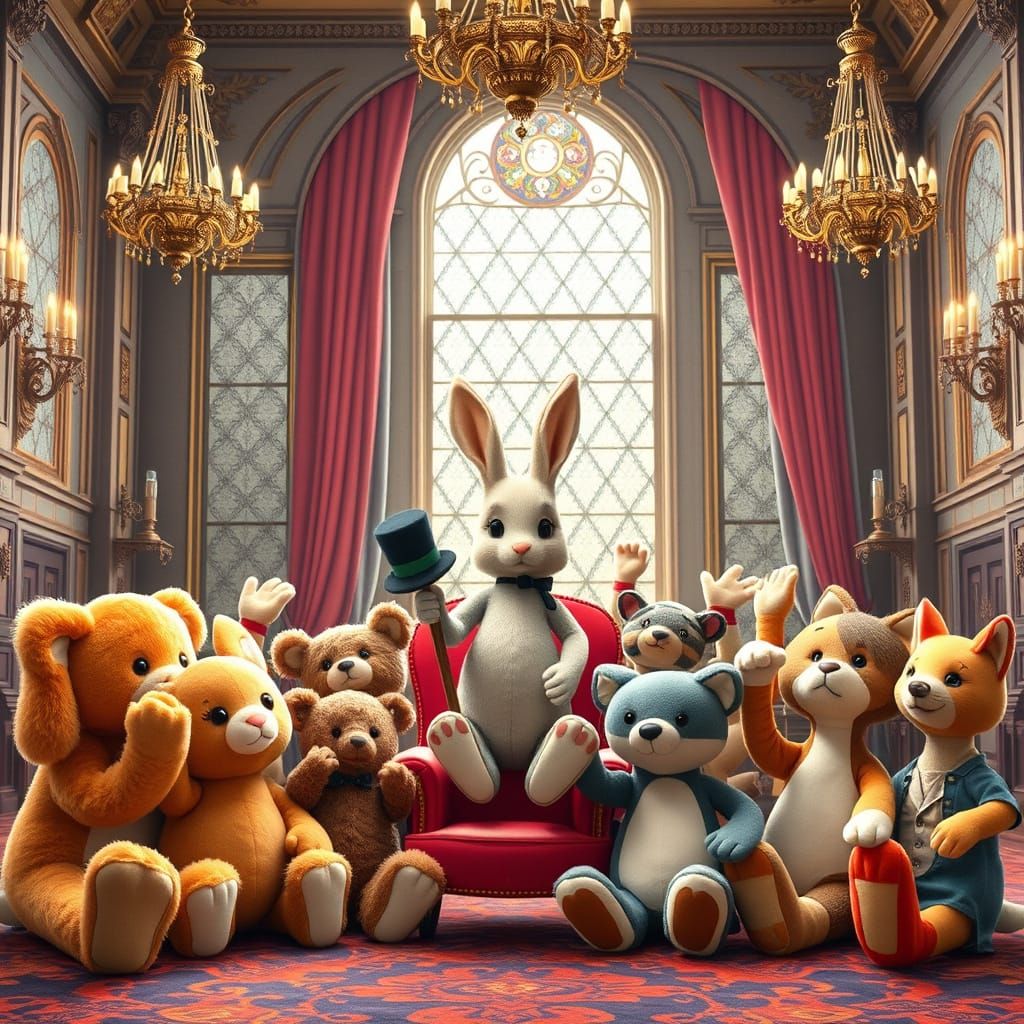 Whimsical Plush Toy Gathering in a Grand Hall
