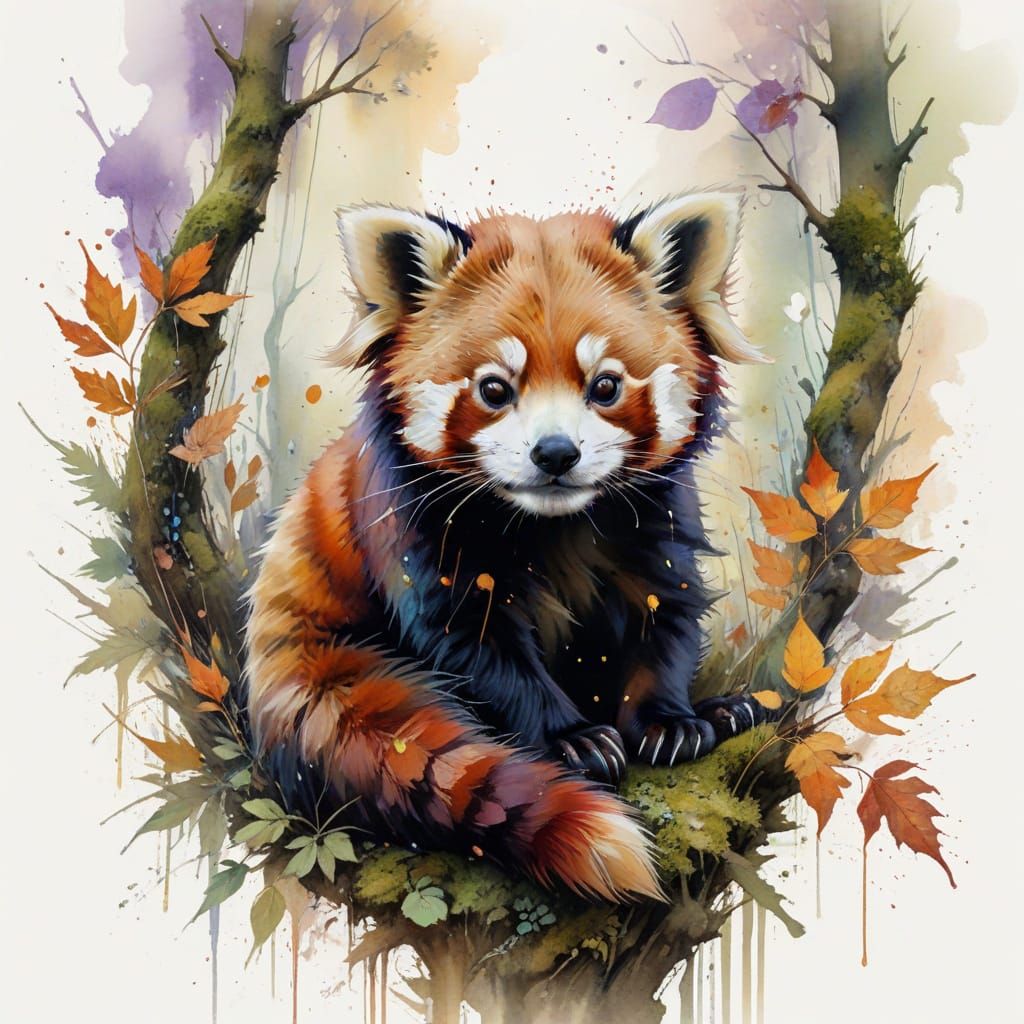 Red Panda in Autumnal Light: Neo-Impressionist Painting