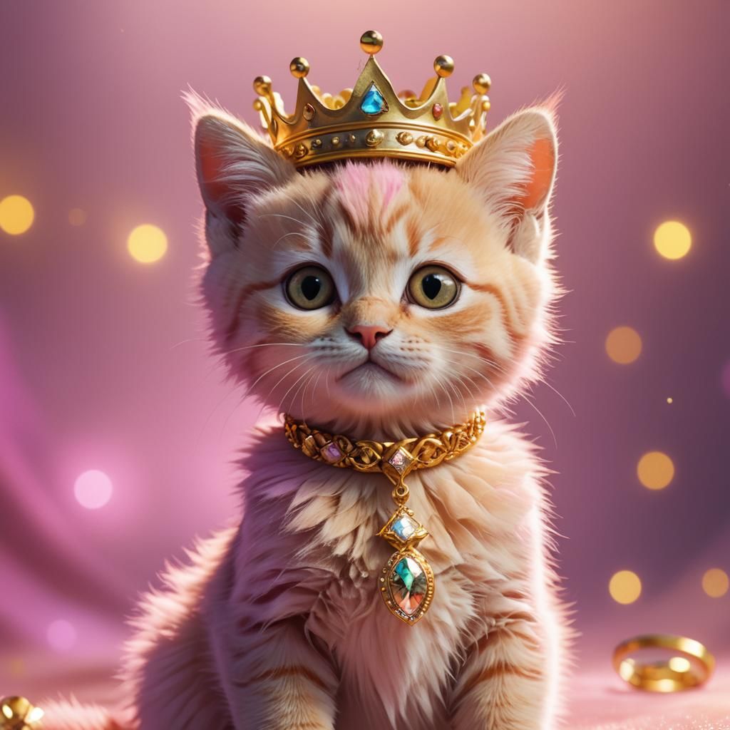 Pink Kitten with Golden Crown in Pixar Style