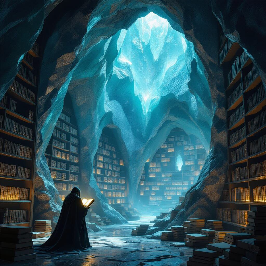 Ancient Geode Library with Scholar Reading Glowing Tome