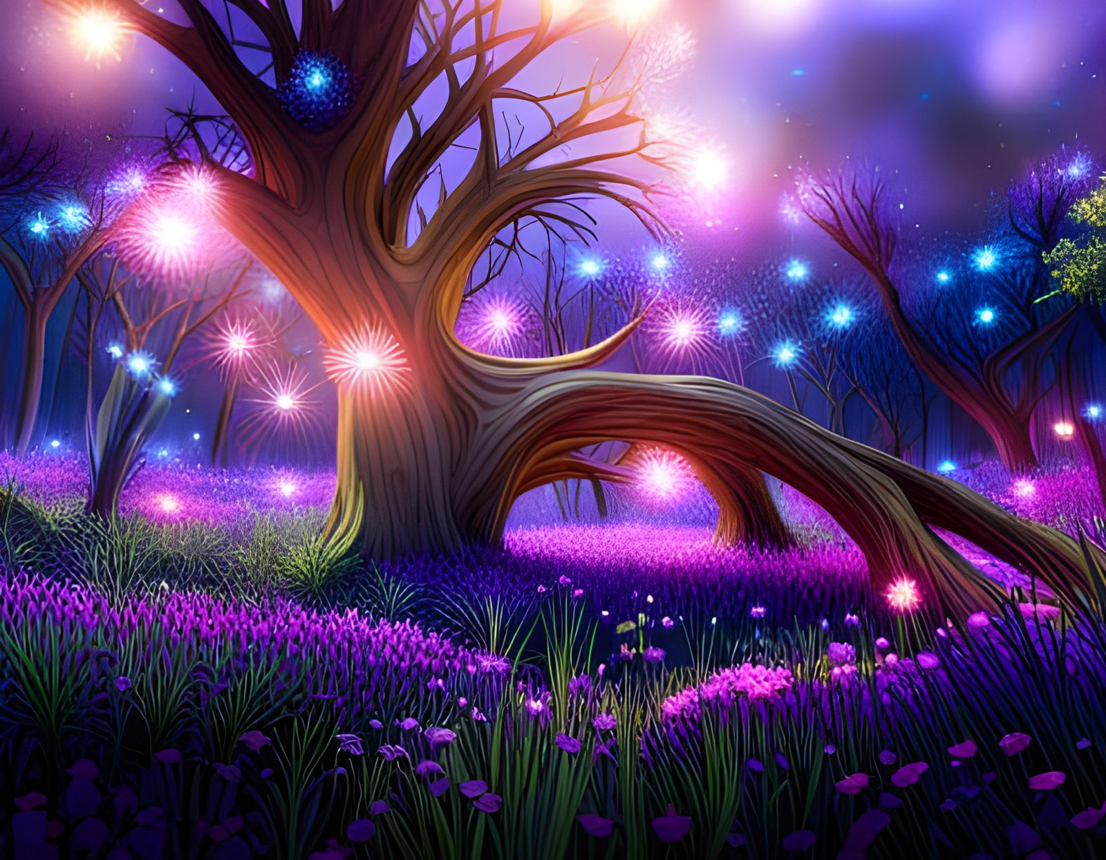 Enchanted Bioluminescent Forest with Fairies and Fireflies