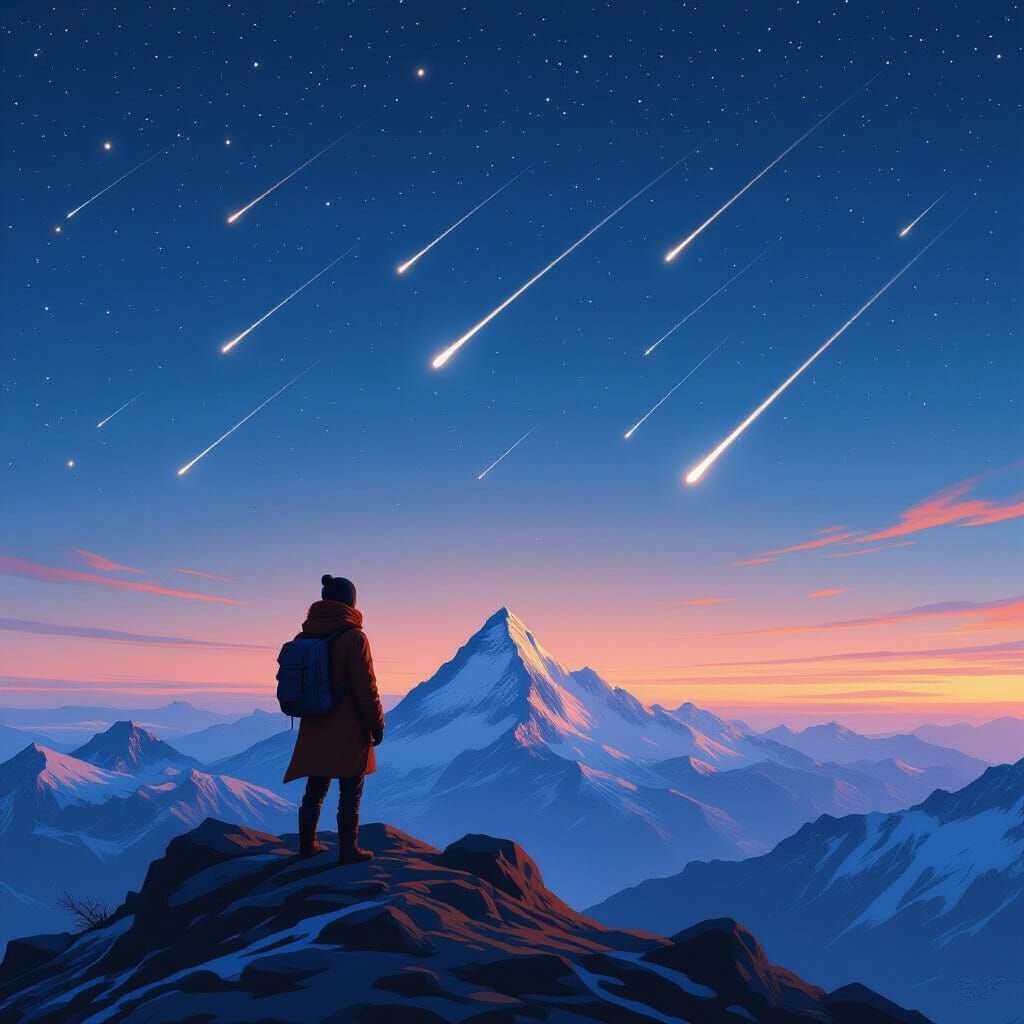 Dreamlike Shooting Stars Over Mountain Summit