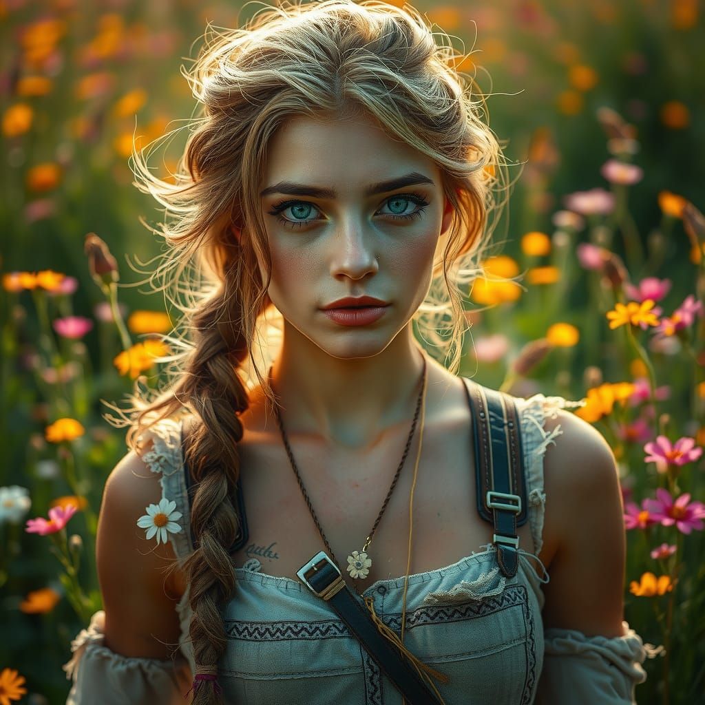 Surrealistic Portrait of a Woman in a Field of Flowers