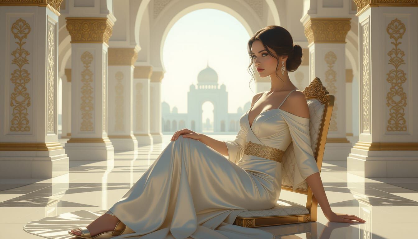 Serene Woman in Elegant Attire, Hyperrealistic Rendering