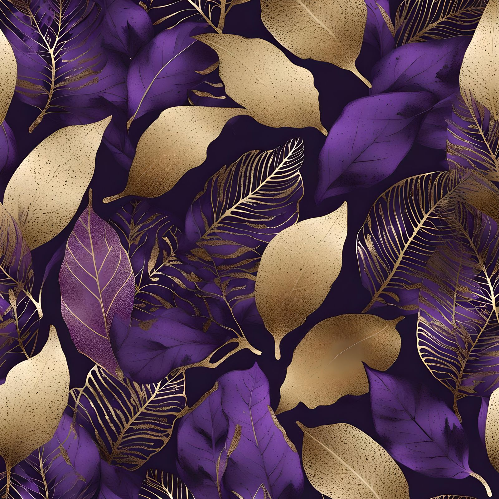Monochrome Purple Leaf Pattern with Gold Glitter