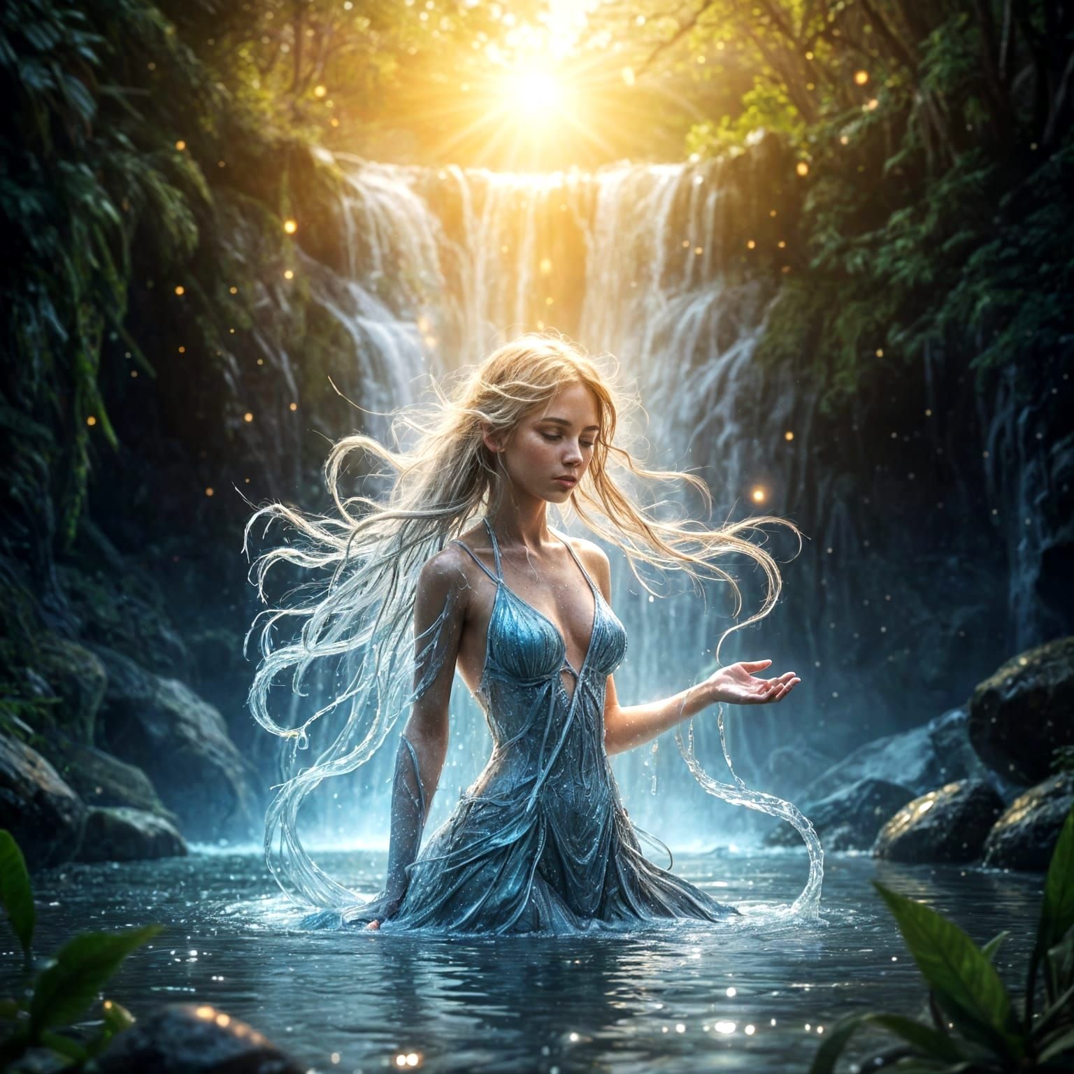 Delicate Water Spirit Formed From Dewdrops at Waterfall