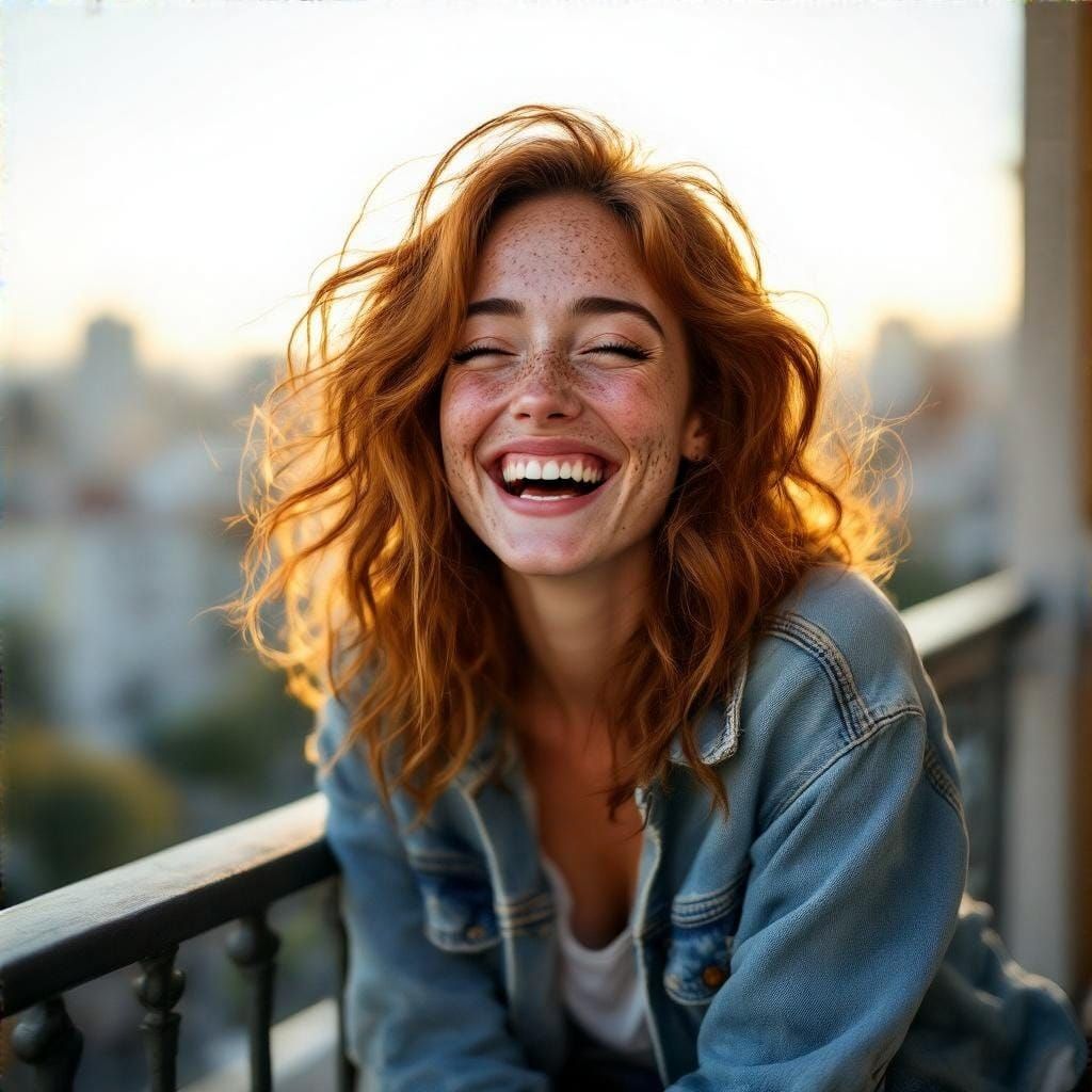 Sun-Kissed Woman with Freckles Laughing in Golden Hour