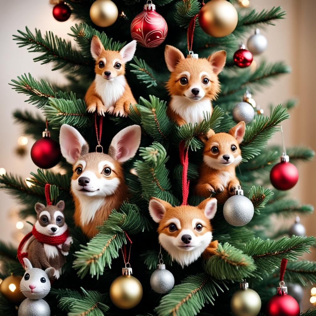 Animals Decorating a Christmas Tree