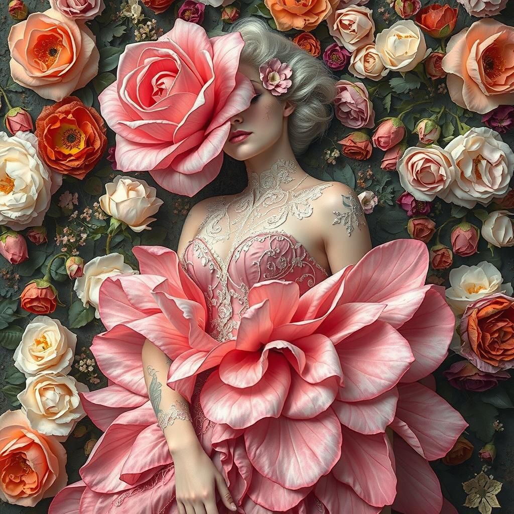 Ethereal Rose-Petal Gown: Impressionistic Fashion Portrait