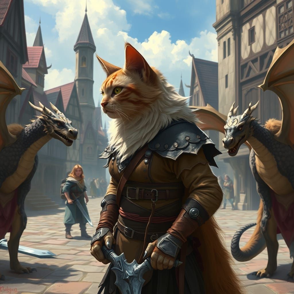 Elara the Giant Cat Warrior in Medieval Town