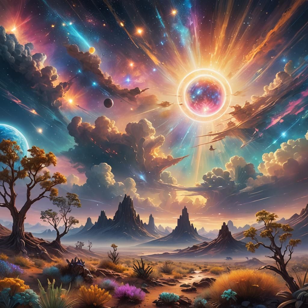 Alien Planet with Exotic Fauna in Impressionistic Style