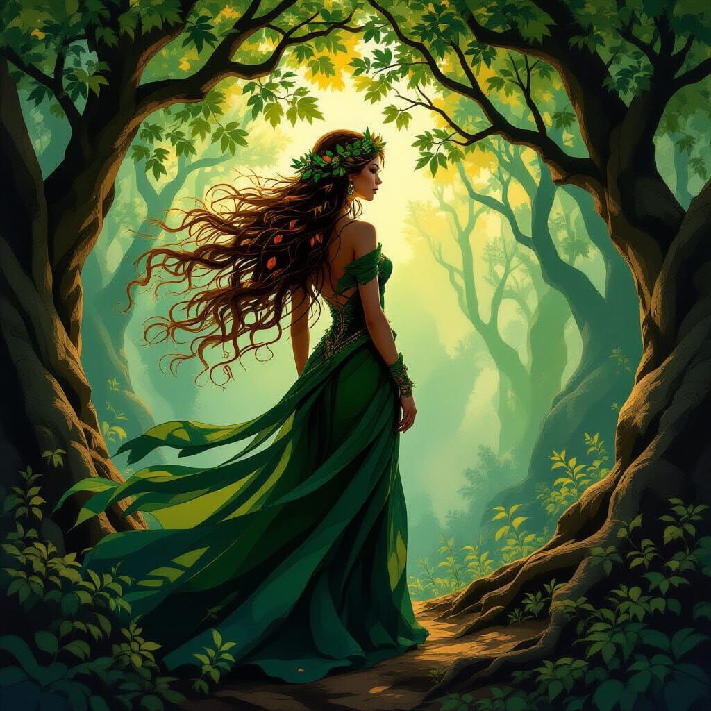 Goddess of Oak Trees in Ancient Forest