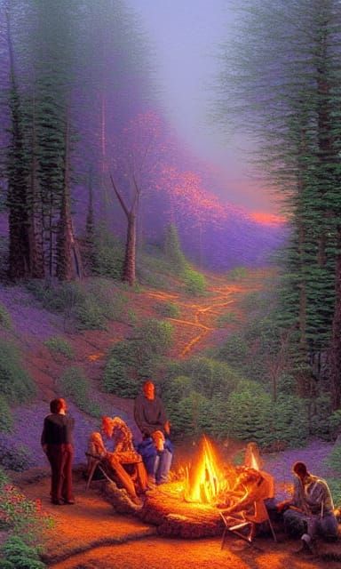 Ethereal Campfire in Misty Woods: Oil Painting