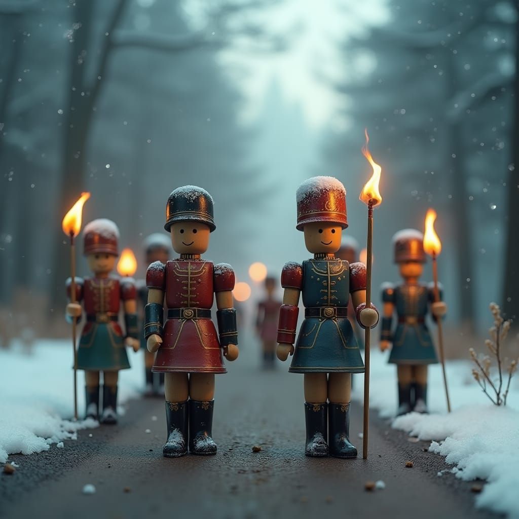 Ornate Wooden Toy Soldiers on Misty Road