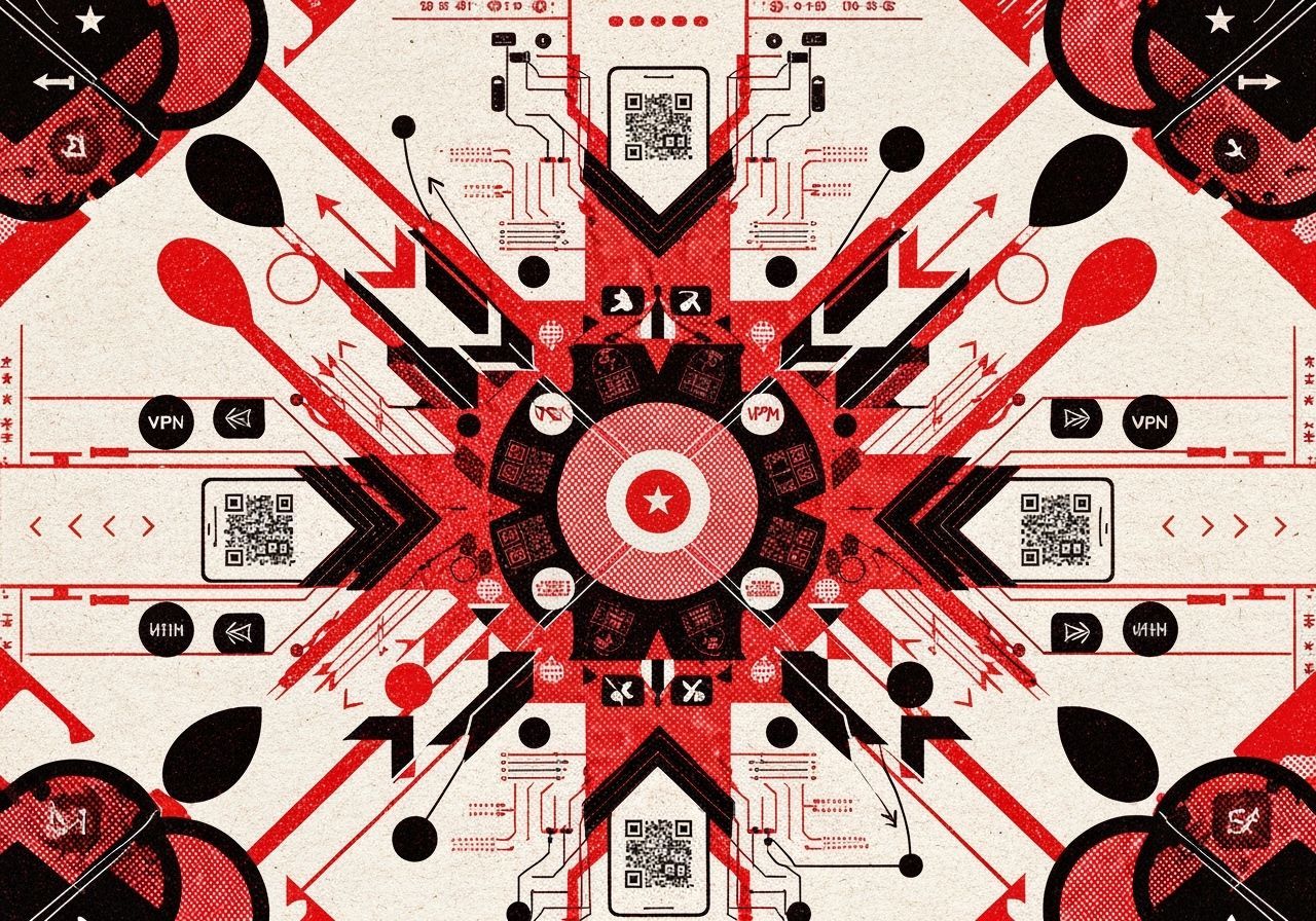 Kaleidoscope Constructivist Pattern with Tech Symbols