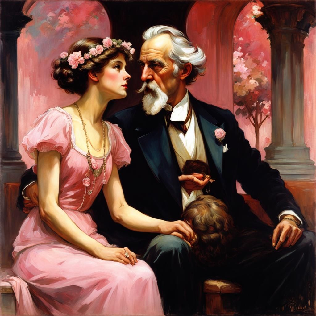 ""Try A Little Tenderness" epic eerie masterpiece by Alphonse Mucha Wes Anderson Pino Daeni : old man and (young woman ...