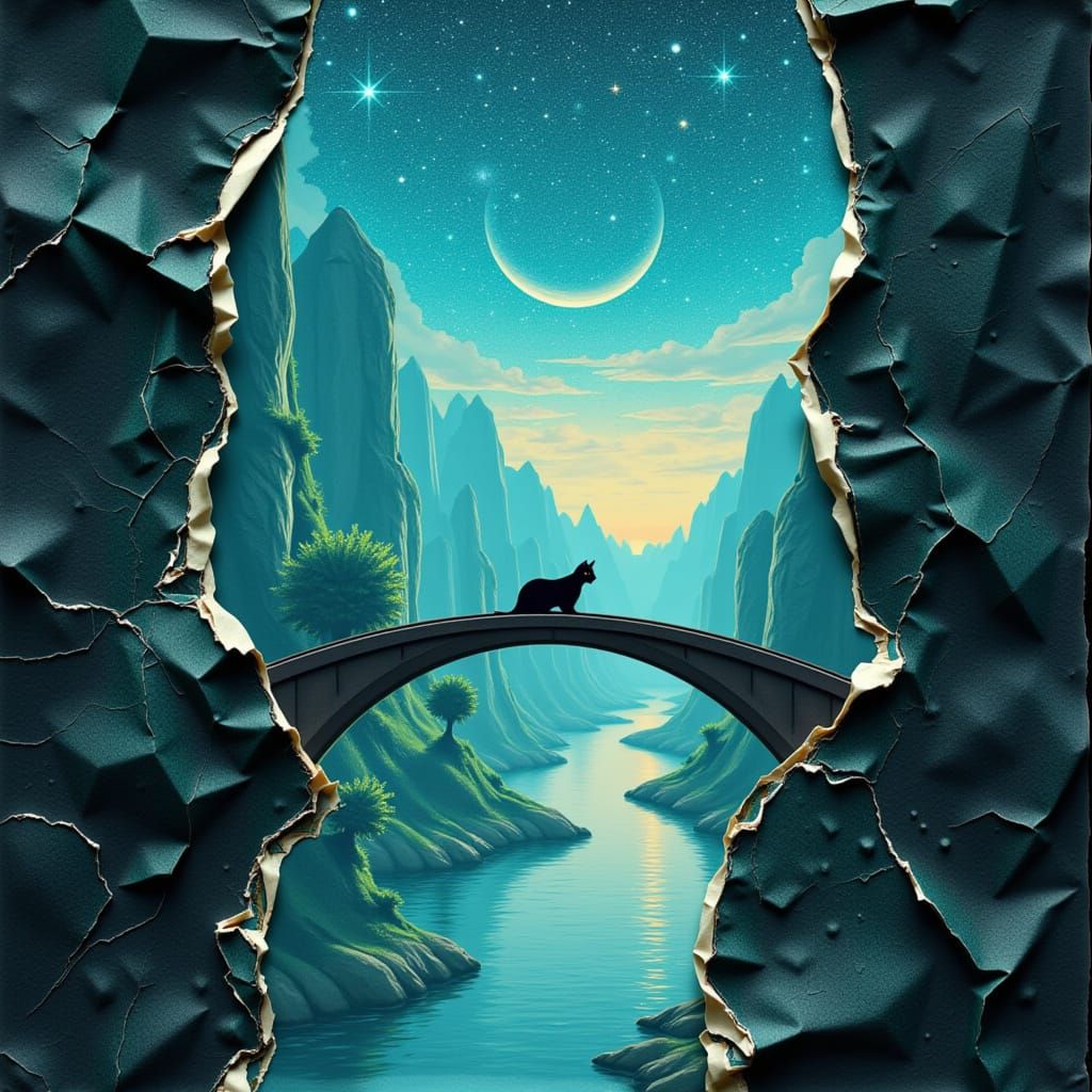 Sleek Cat on Crystal Bridge Amidst Bioluminescent Forest
