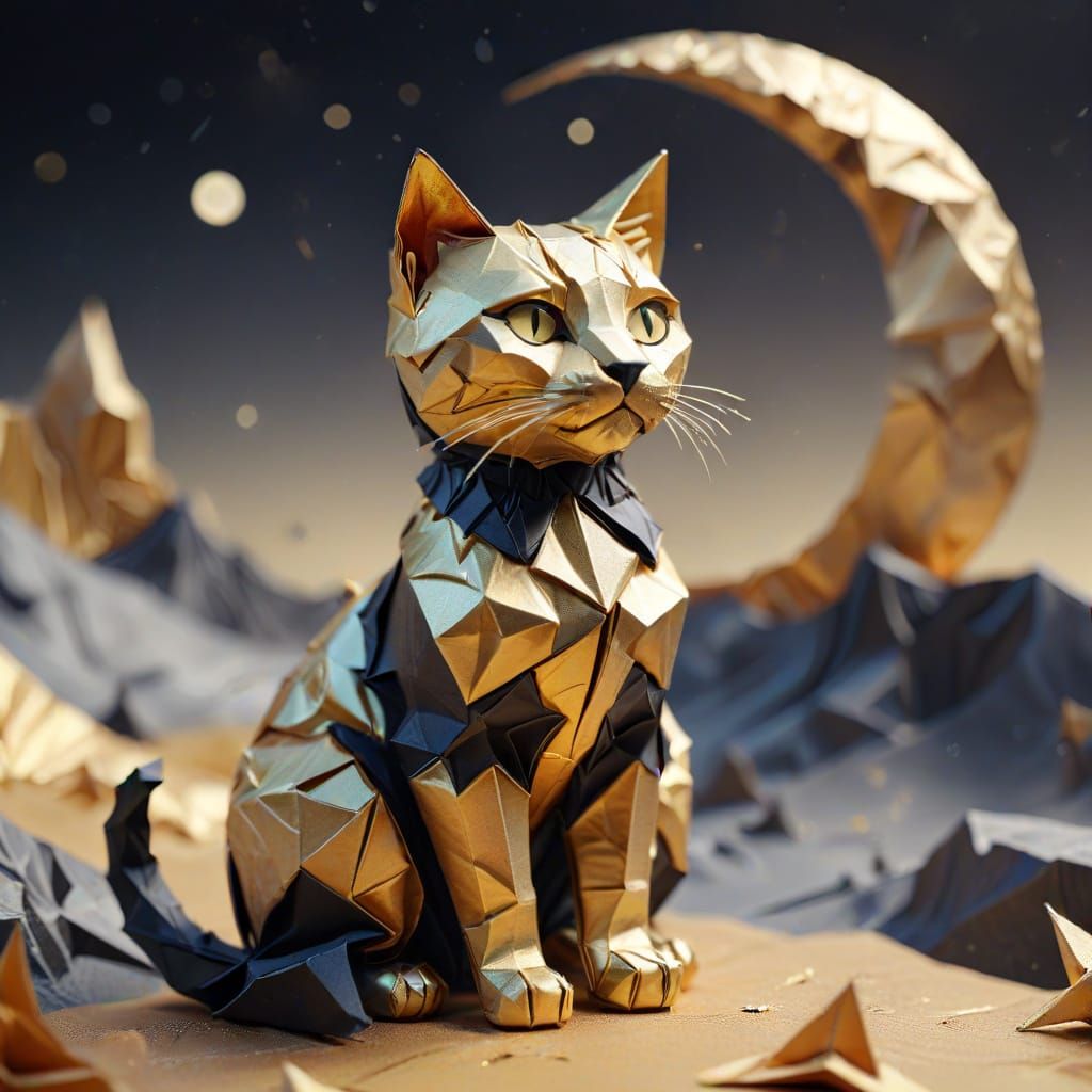 Metallic Origami Cat on Moon in Digital Art