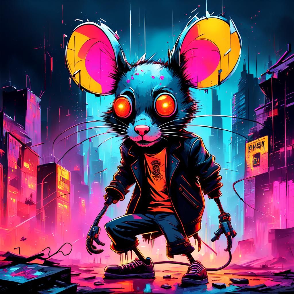 Futuristic Mouse in Dystopian Cityscape, Basquiat Style